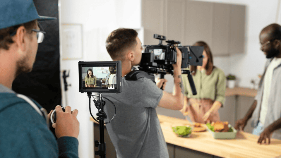 Students filming a cooking scene, highlighting Cinematography Courses.