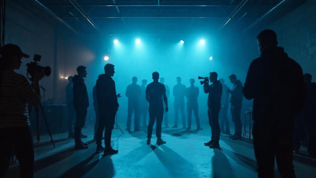 Film students practicing cinematography techniques in a studio setting, capturing dramatic lighting and composition.