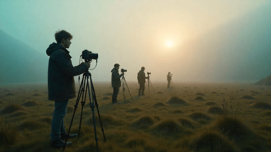 一群摄影学院学生在户外学习拍摄技巧，展现SPM失败后选择影视制作课程的可能性