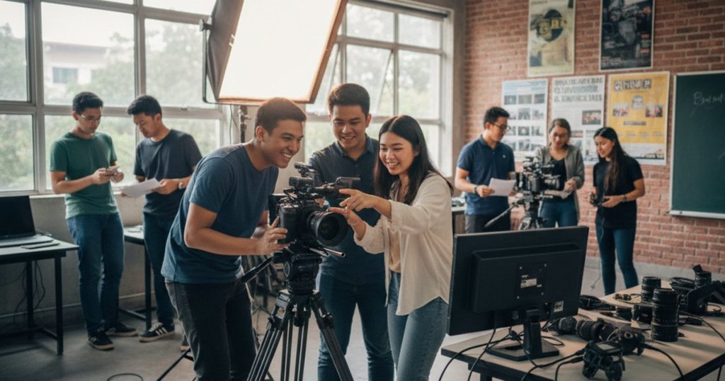 Malaysian students learning practical skills at a film making school with professional video production equipment