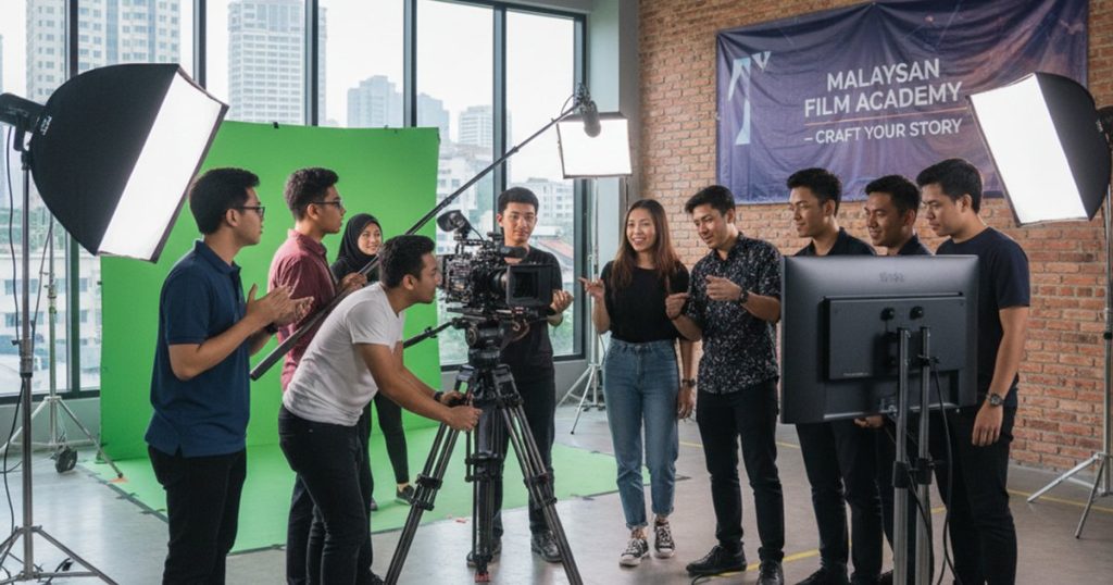 Students gaining hands-on experience with professional equipment at a film making school in Malaysia