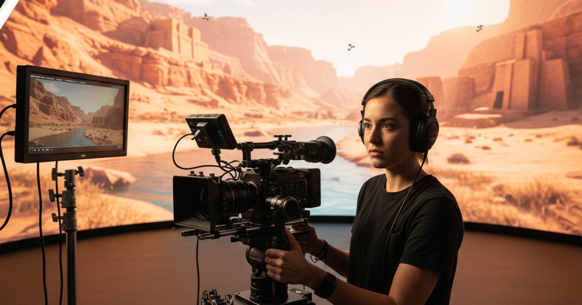 Film student operating a camera on a virtual production set, learning advanced cinematography courses