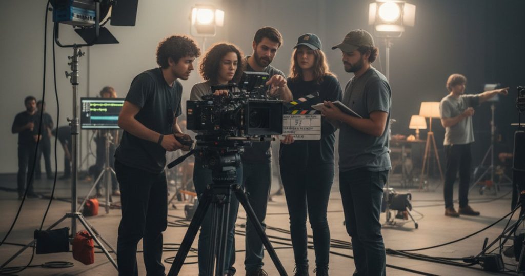 Film making school students learning on a professional camera on a sound stage