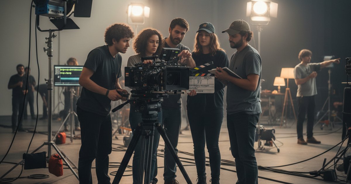 Film making school students learning on a professional camera on a sound stage