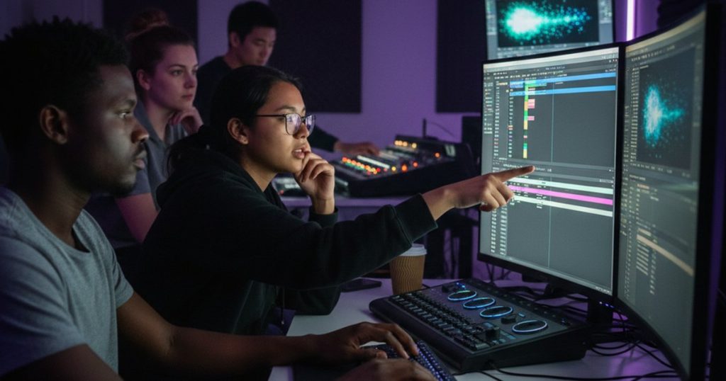 Filmmakers collaborating in a modern editing suite, discussing post-production techniques for film making school projects