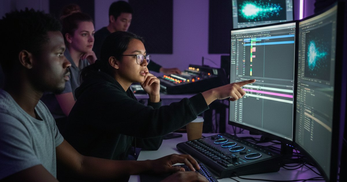 Filmmakers collaborating in a modern editing suite, discussing post-production techniques for film making school projects
