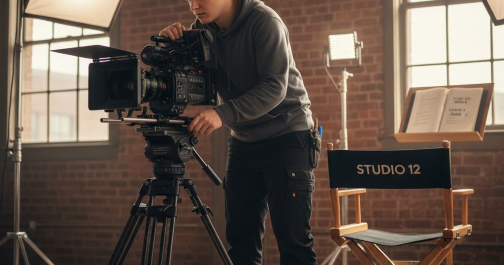 Film course student operating a cinema camera in a studio, learning cinematography skills
