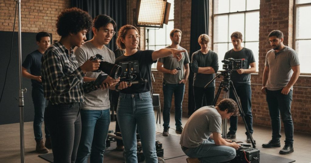 Aspiring cinematographers collaborating on a film set, learning practical skills after a film course