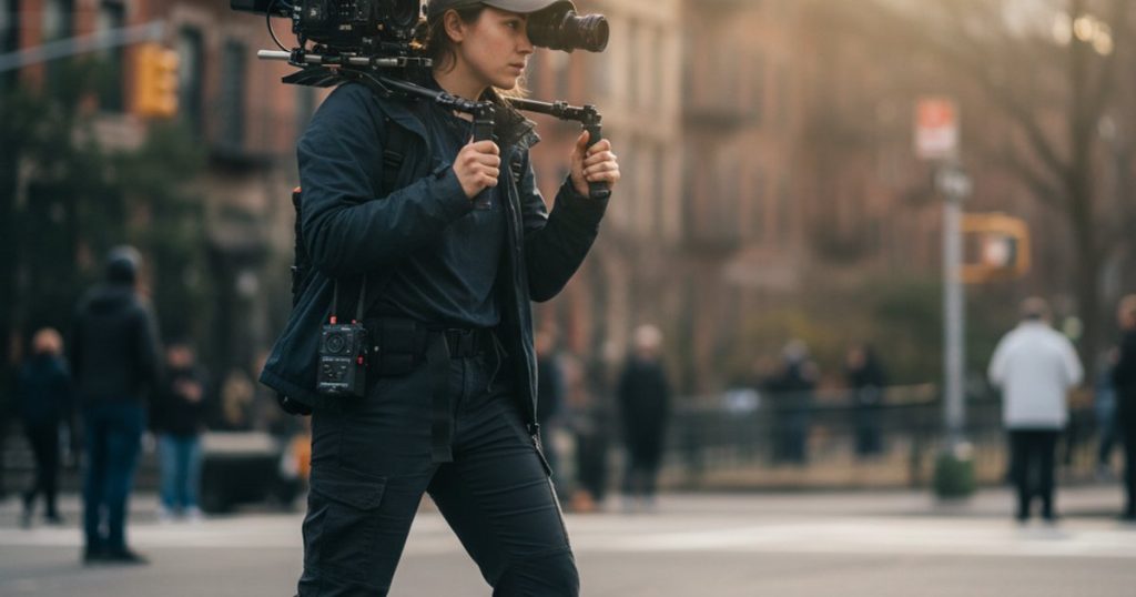 A young cinematographer on set, focused on their craft, symbolizing a self-directed film course journey.
