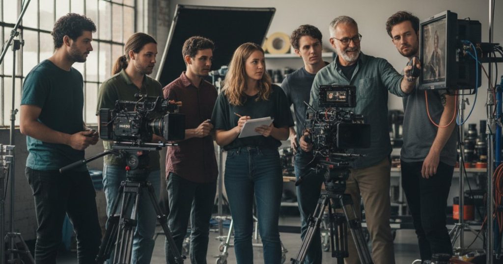 Diverse group of students learning cinematography courses from a mentor on a film set, highlighting access to film course education.