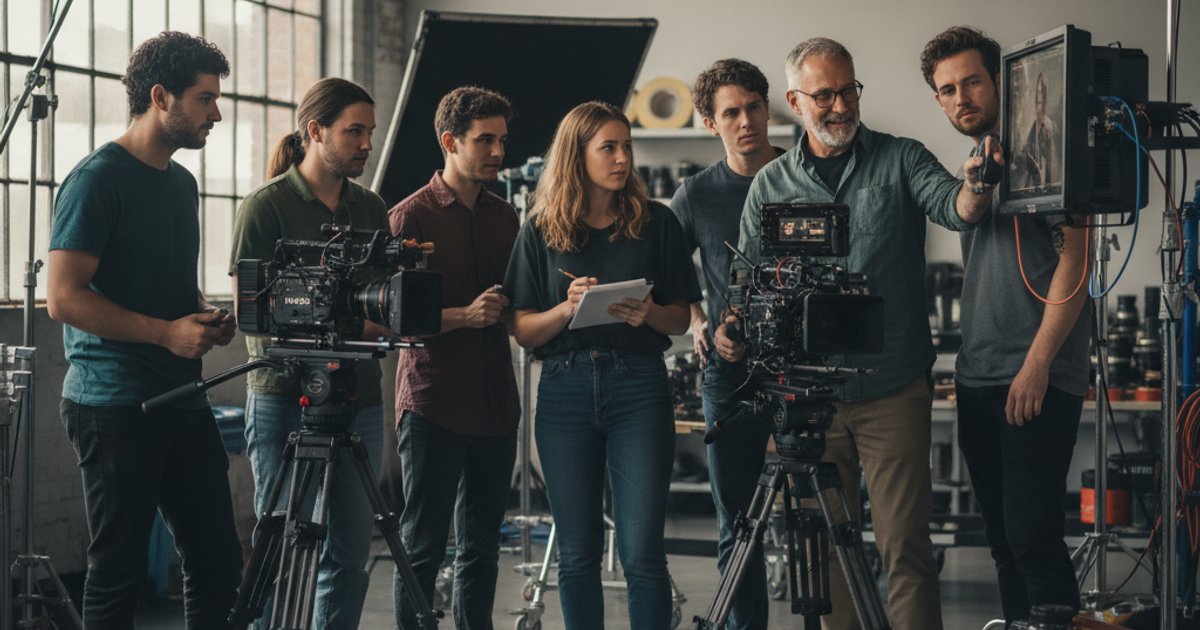 Diverse group of students learning cinematography courses from a mentor on a film set, highlighting access to film course education.
