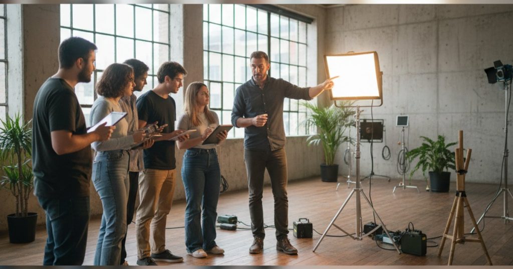Film course students learning sustainable cinematography with LED lighting