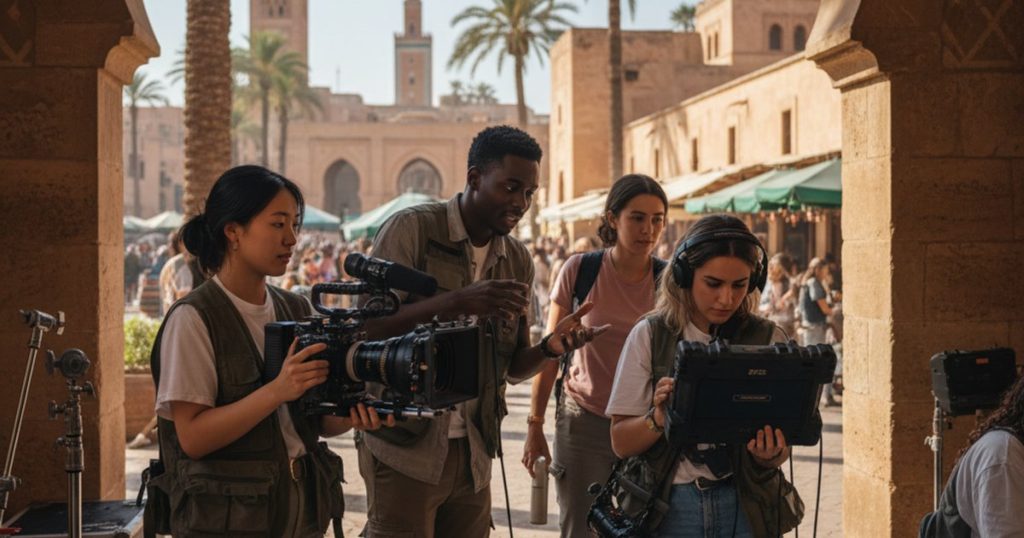 Film course students on an international exchange program, collaborating on a film set abroad, showcasing global cinematography education.