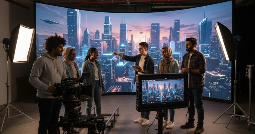 Film making school students learning virtual production on an LED stage