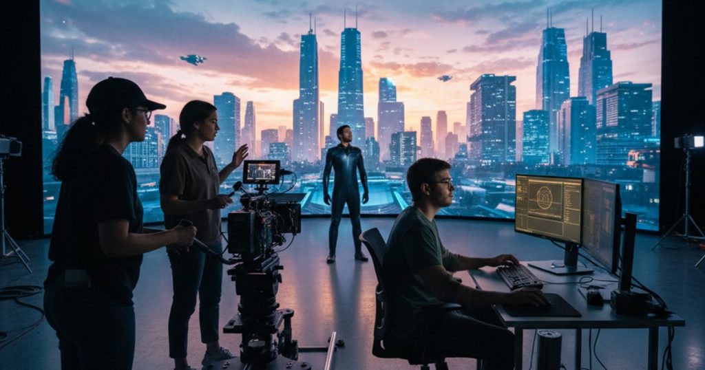 Film making school students learning virtual production on an LED stage
