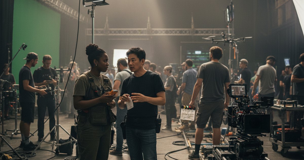 Film crew on set, cinematographer discussing shot, illustrating collaboration and communication skills in cinematography courses.