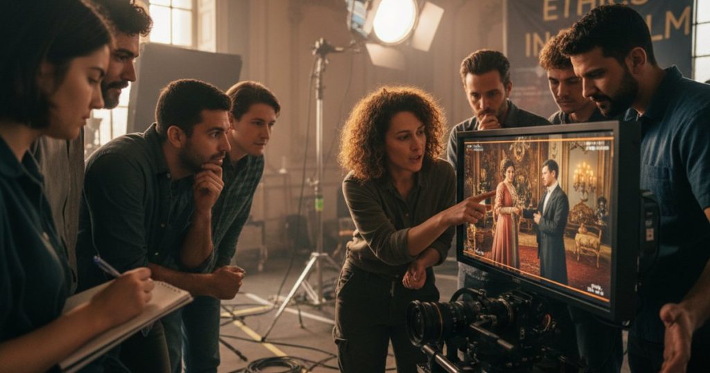 Film students discussing ethical cinematography on set, reviewing footage for responsible visual storytelling in their film course.