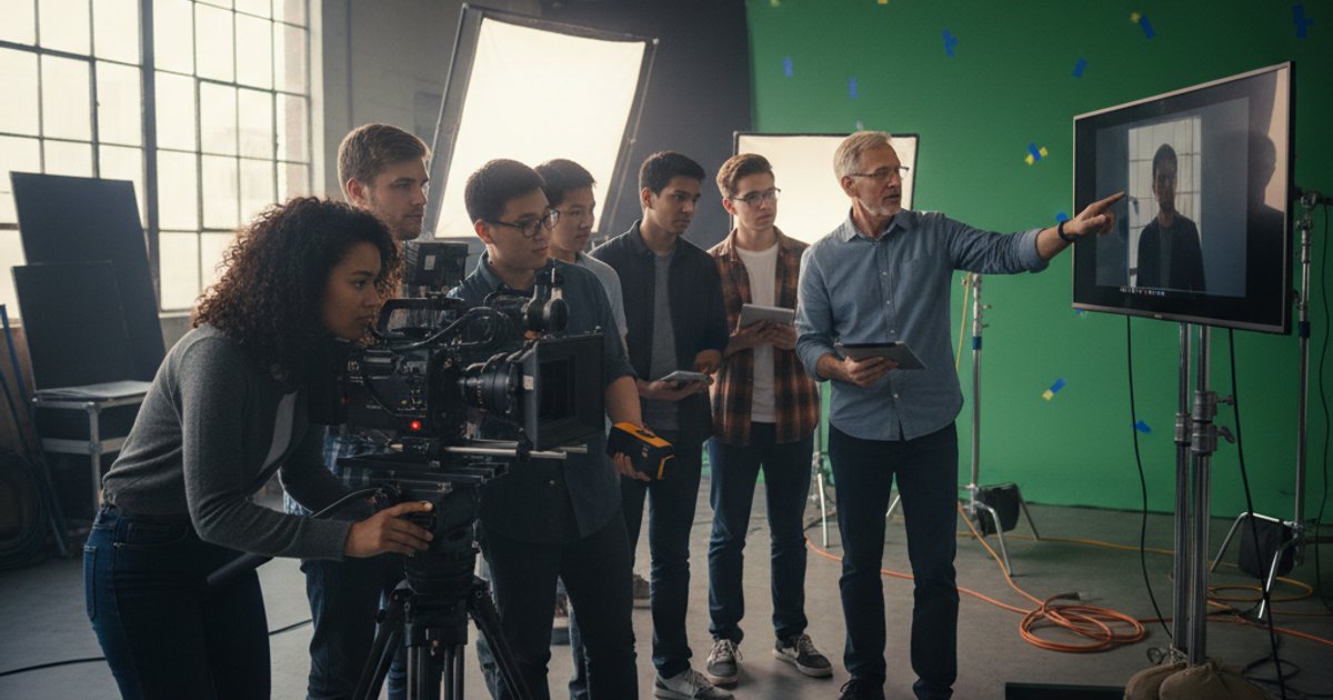 Film students learning cinematography with professional equipment, building a future-proof portfolio