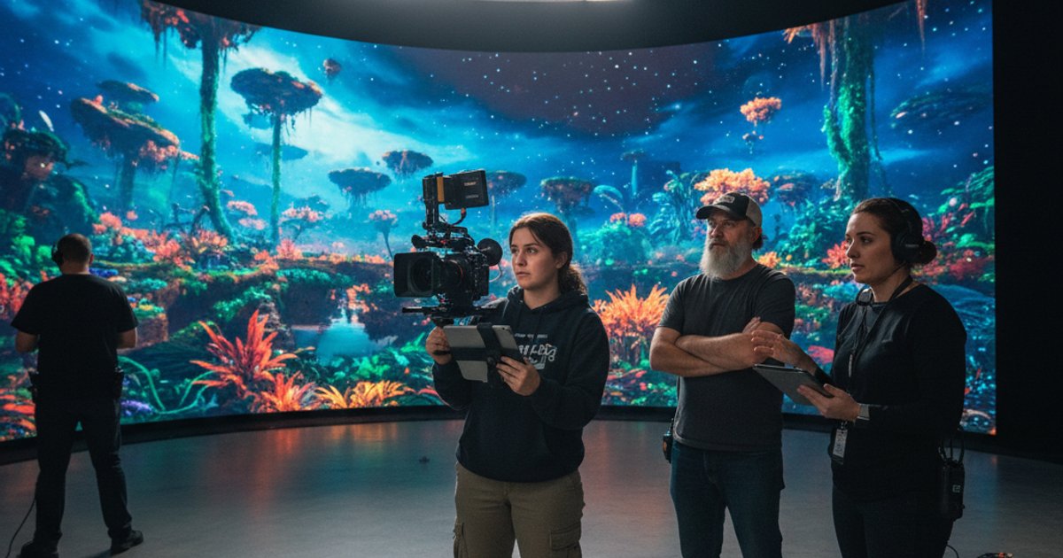 Film course student learns virtual production using an LED volume for cinematography training.