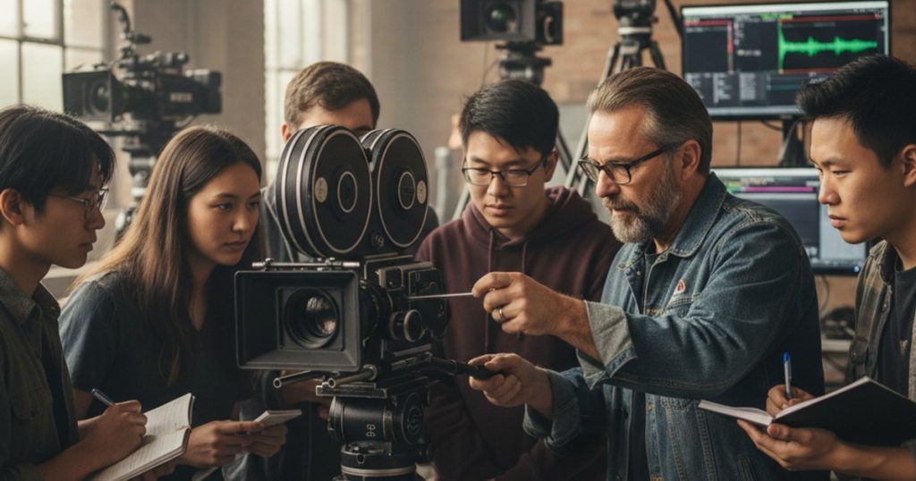 Film course students learning classic cinematography techniques with a vintage camera, bridging past and present.
