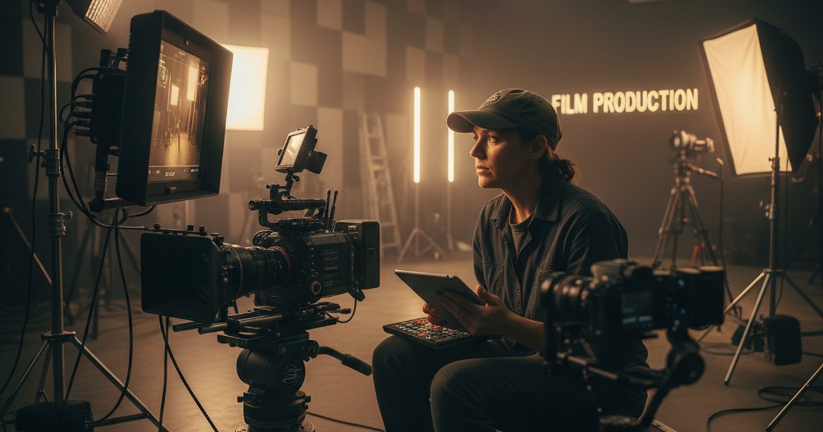 Cinematographer reviewing footage on a monitor after completing a film course, showcasing entrepreneurial skills.