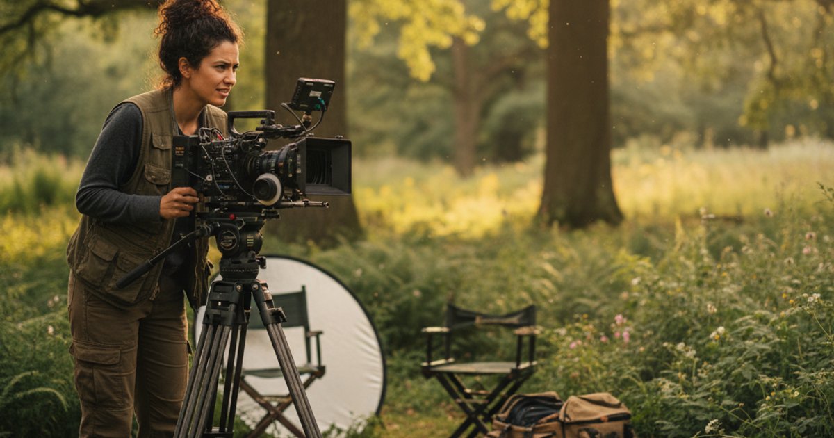 Independent filmmaker shooting a scene outdoors with a professional cinema camera, demonstrating persistence and vision without formal film making school