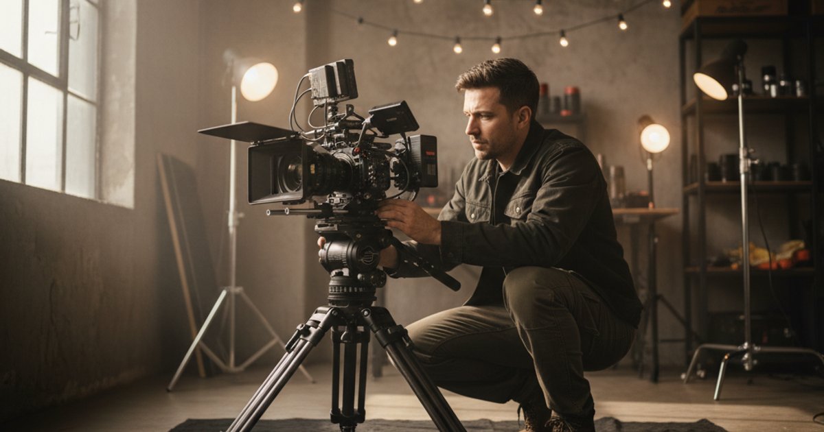 A cinematographer meticulously setting up a camera rig in a studio, demonstrating technical skill after a film course.