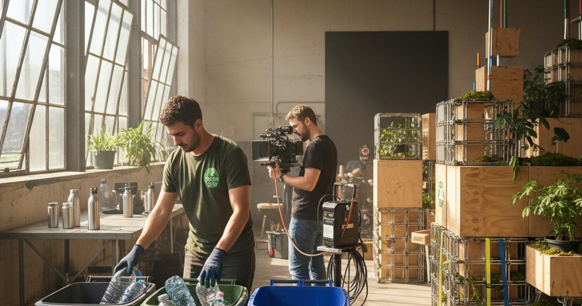 Sustainable film production set with waste sorting and eco-friendly equipment
