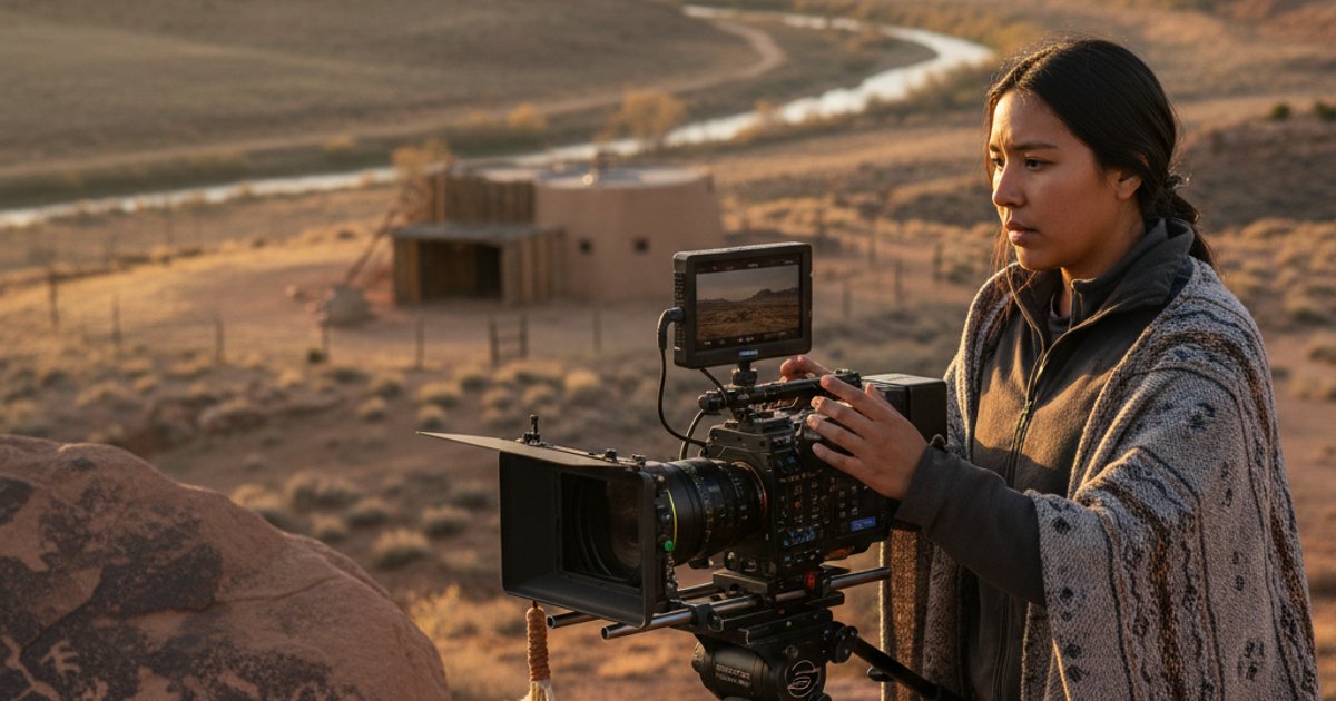 Indigenous filmmaker using modern camera in natural landscape, representing indigenous storytelling in cinematography courses.