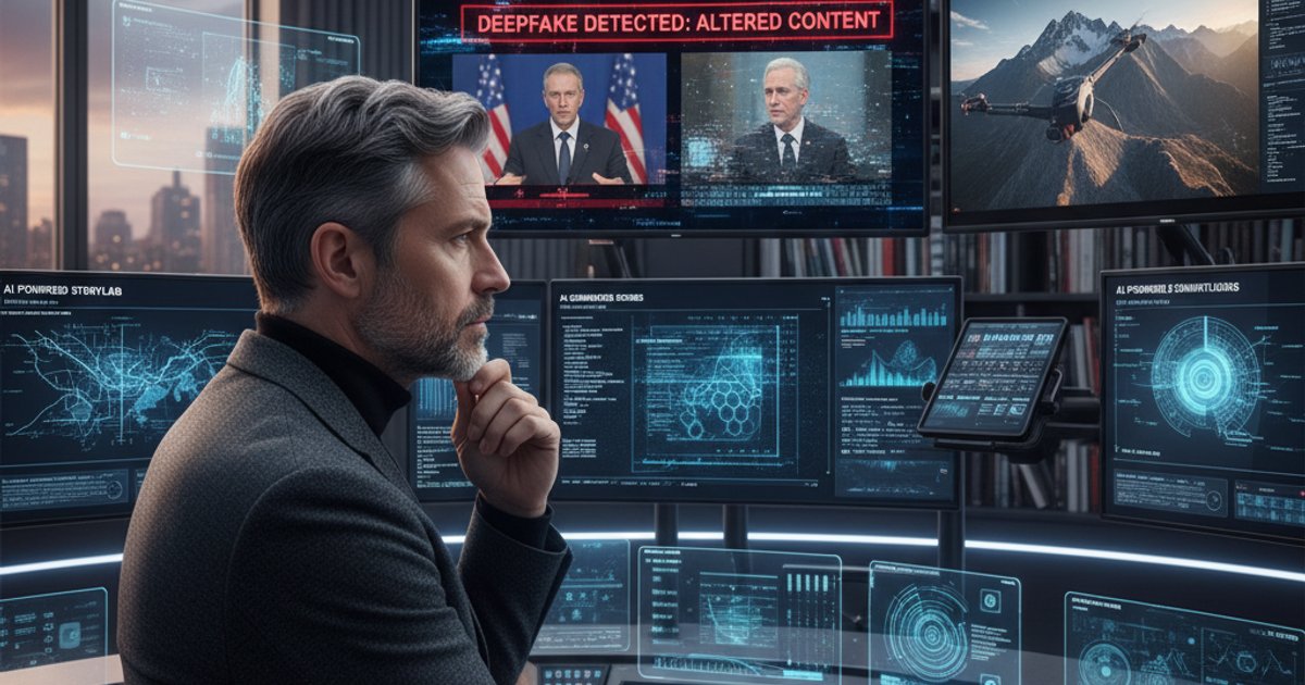 Cinematographer analyzing AI-generated content and drone footage on multiple screens, addressing ethical challenges in modern cinematography courses.
