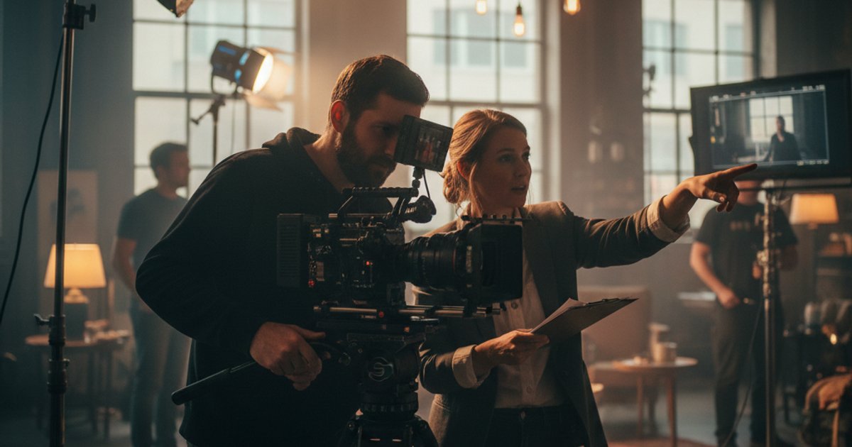 Cinematographer and director on set, discussing narrative intent and applying skills from cinematography courses.