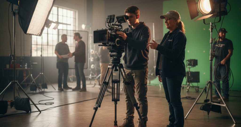 Film course student learning cinematography with a professional camera and mentor