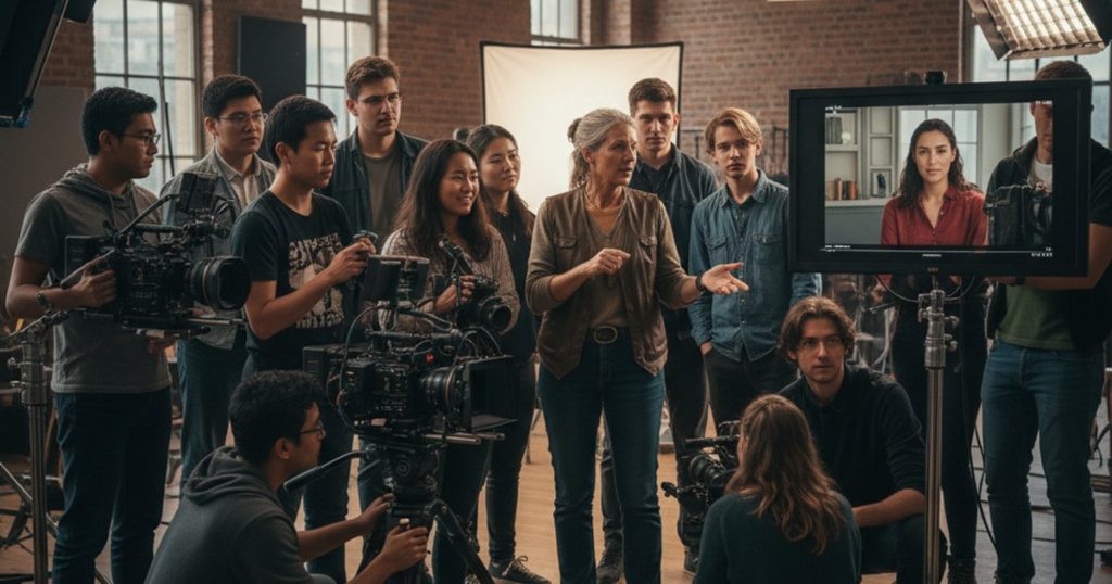 Film course students learning cinematography skills on set with professional cameras and lighting.