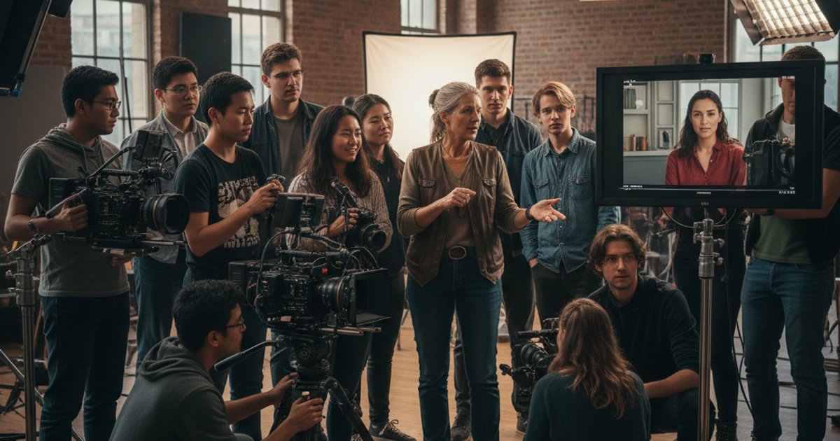 Film course students learning cinematography skills on set with professional cameras and lighting.