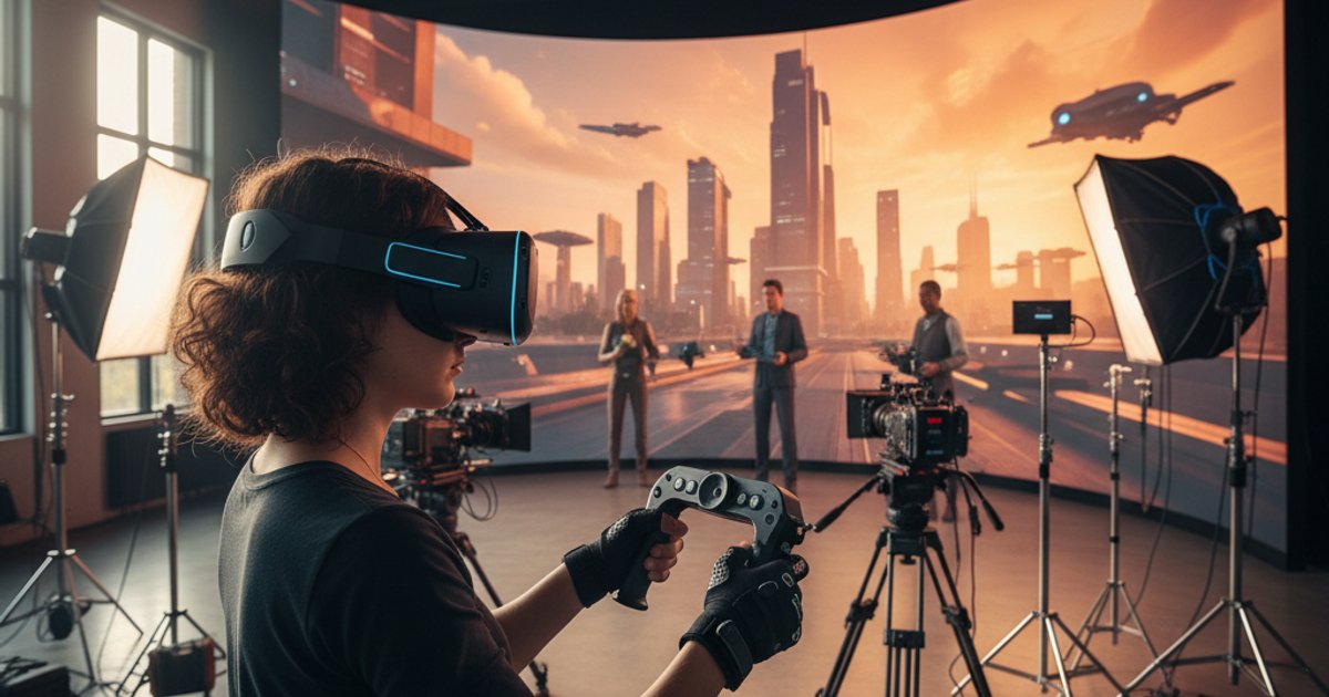 Film course student using a VR headset in a virtual production studio, learning real-time rendering and virtual cinematography with game engines.