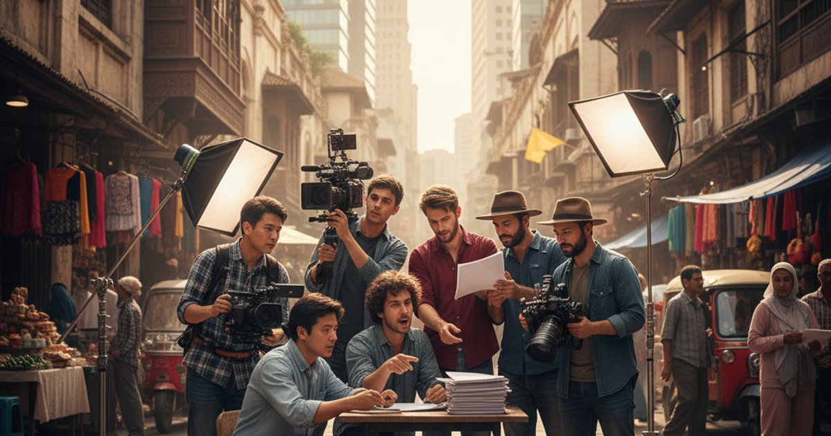 Diverse film crew on set, highlighting the global demand for film course and cinematography course graduates.