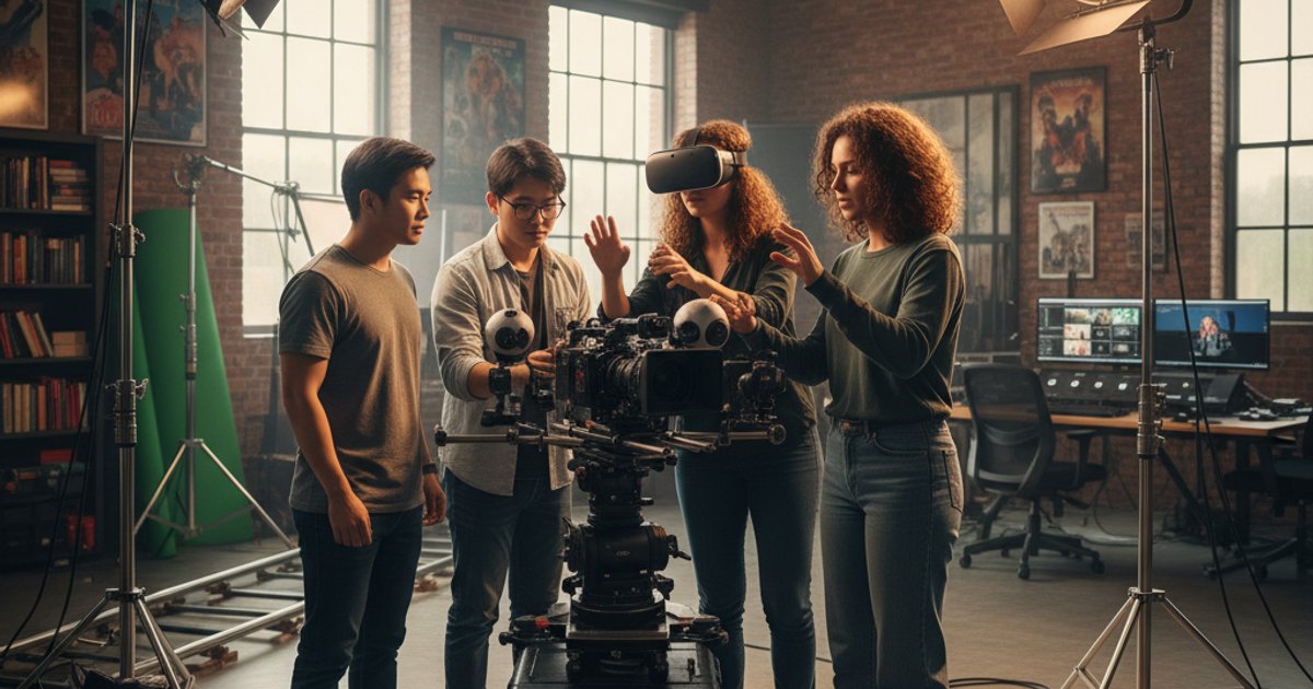 Film course students learning immersive cinematography with a multi-camera VR rig