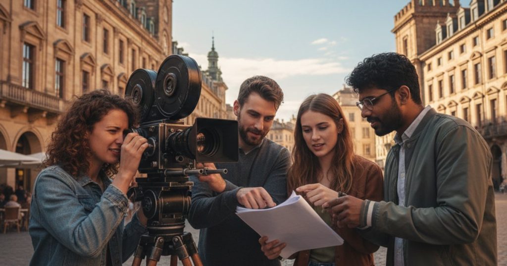 Film course students discussing cinematography techniques in a European city