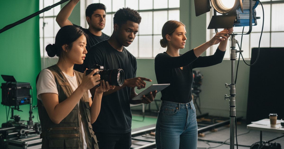 Diverse film students collaborating on set, demonstrating leadership and teamwork in a film course
