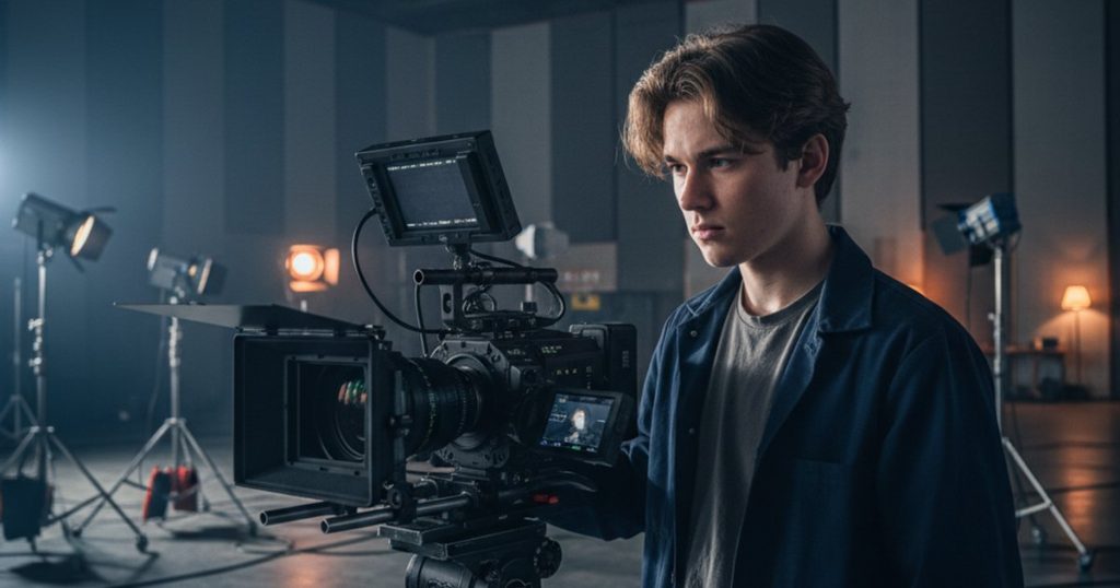 A student in a film course intently studying the monitor of a professional camera on a soundstage, focusing on emotive cinematography.