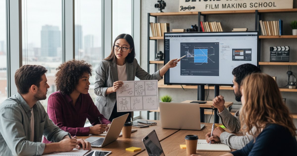 Film Making School graduates collaborating on a UX design project