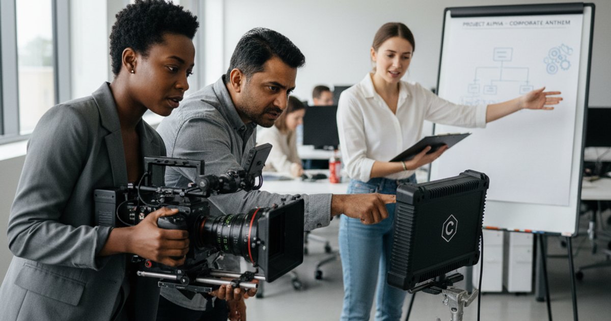 Film making school graduates collaborating on a corporate video project, showcasing diverse career paths