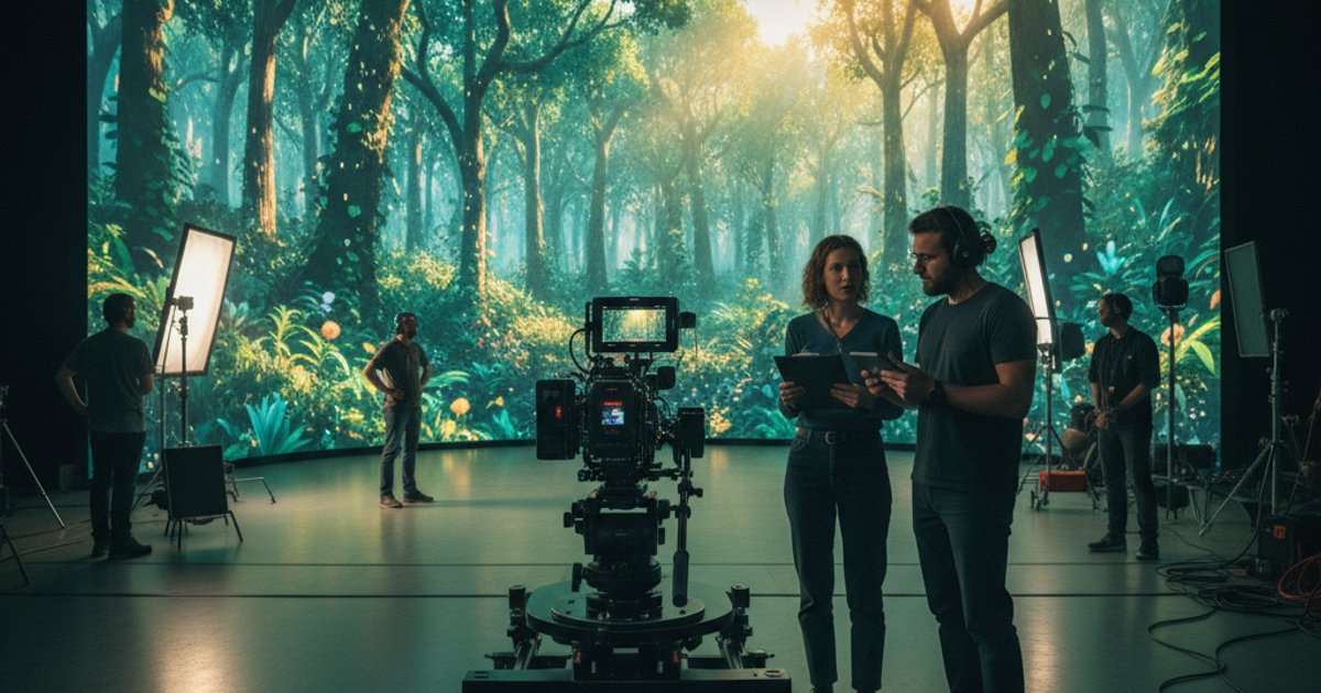 Director and cinematographer on a virtual production set with an LED volume, showcasing modern film course techniques.