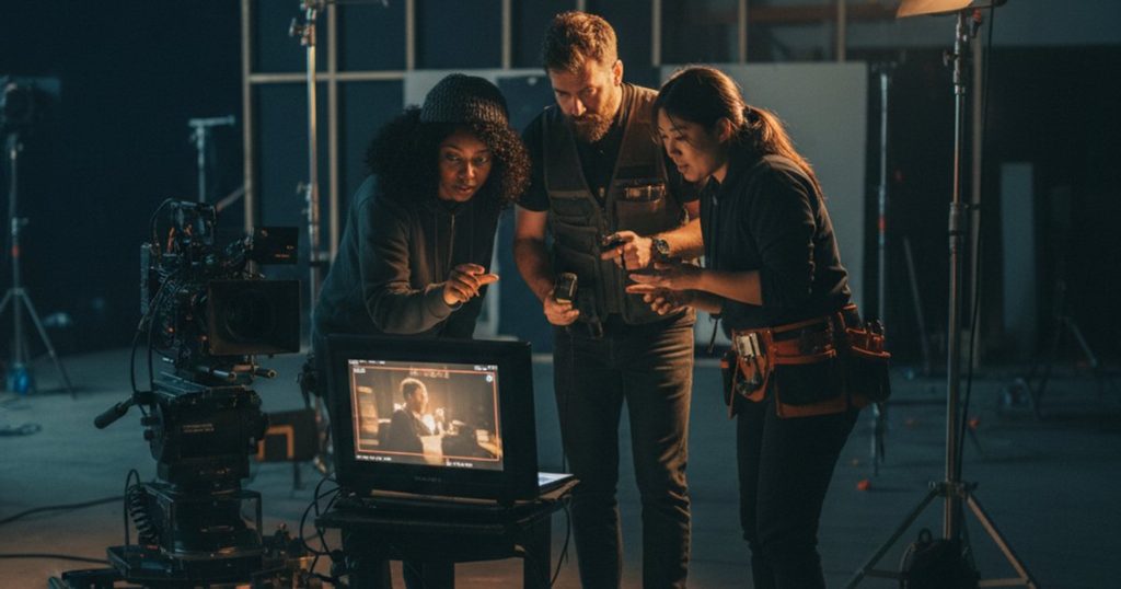 Film crew collaborating on set, highlighting soft skills in film course and cinematography courses