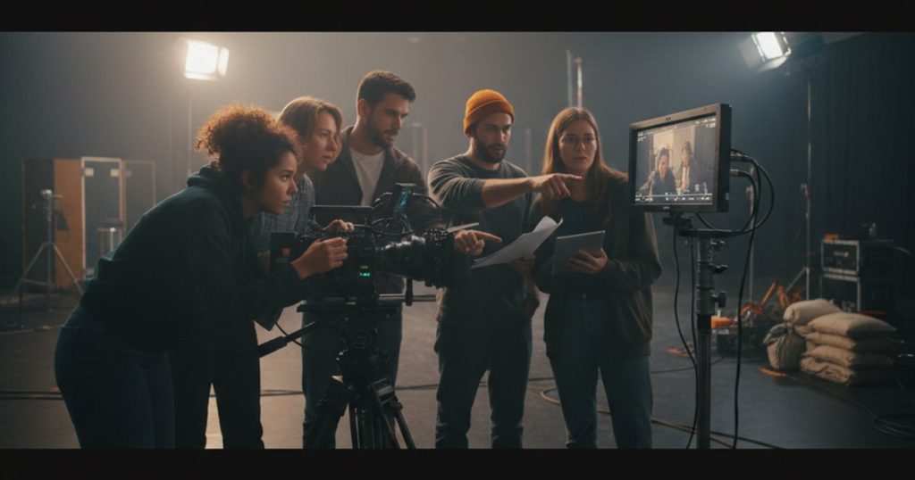 Film students collaborating on a set, demonstrating resilience and adaptability in a cinematography course.