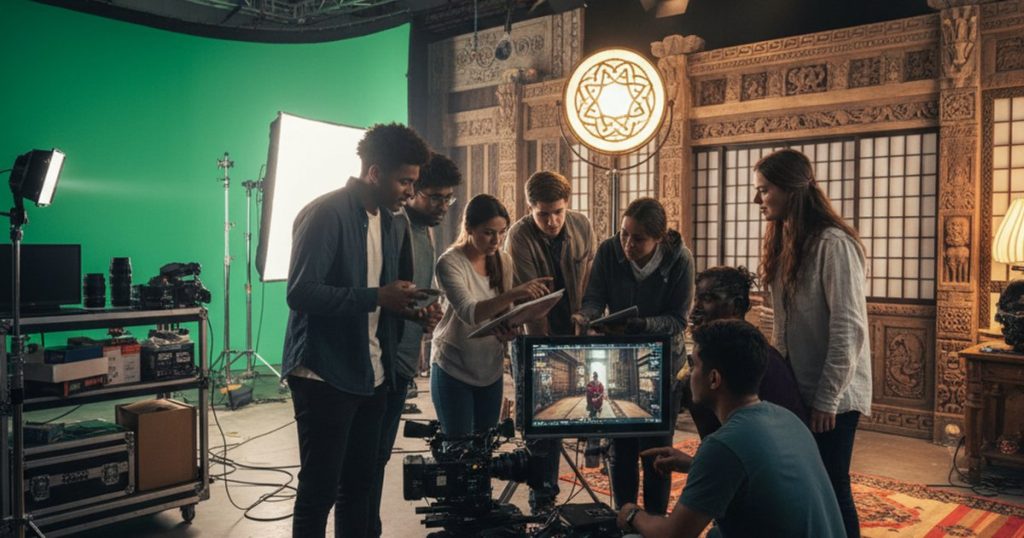 Diverse film making school students collaborating on a set, highlighting global film education