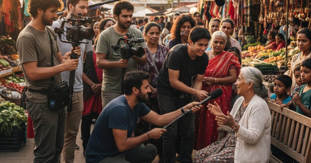 Film making school students interviewing a community elder for a documentary project