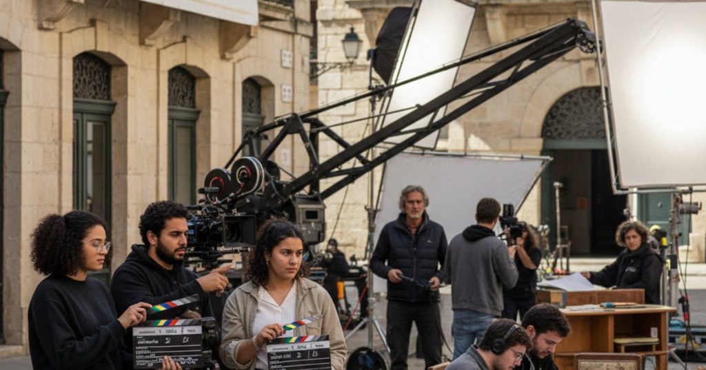 Film making school students gaining practical experience on a regional film set