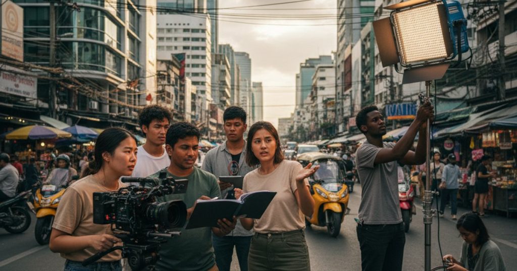 Diverse film making school students collaborating on a set in an emerging market city
