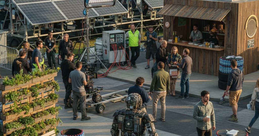 A sustainable film set powered by solar energy, showcasing green production practices in a film course context.